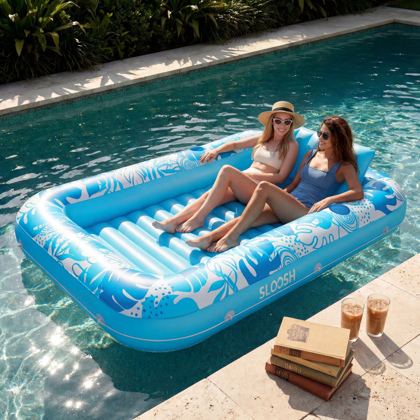 SLOOSH Inflatable Tanning Pool Lounger Float, Blue-XL, 85" x 57"