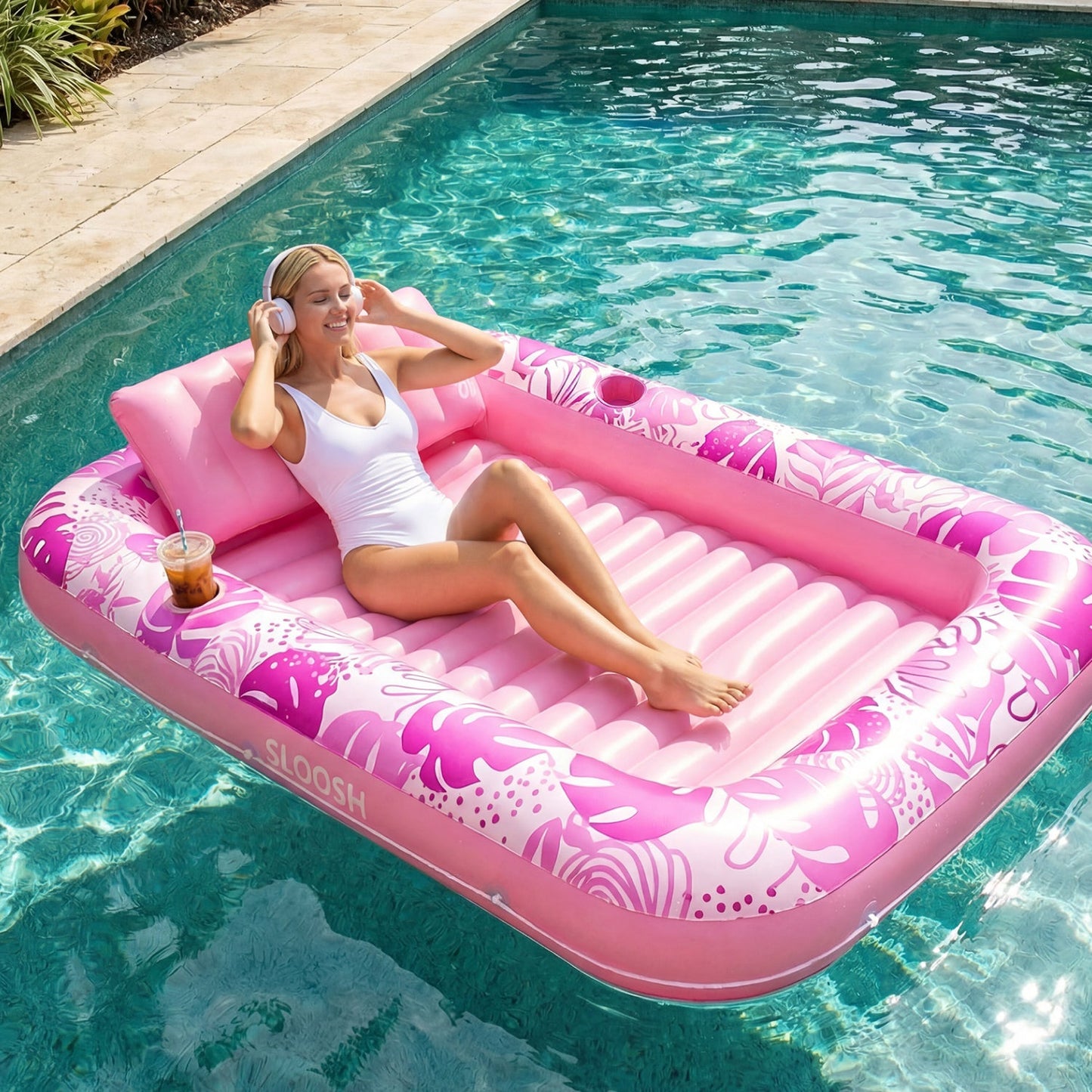 SLOOSH Inflatable Tanning Pool Lounger Float, Blue-XL, 85" x 57"