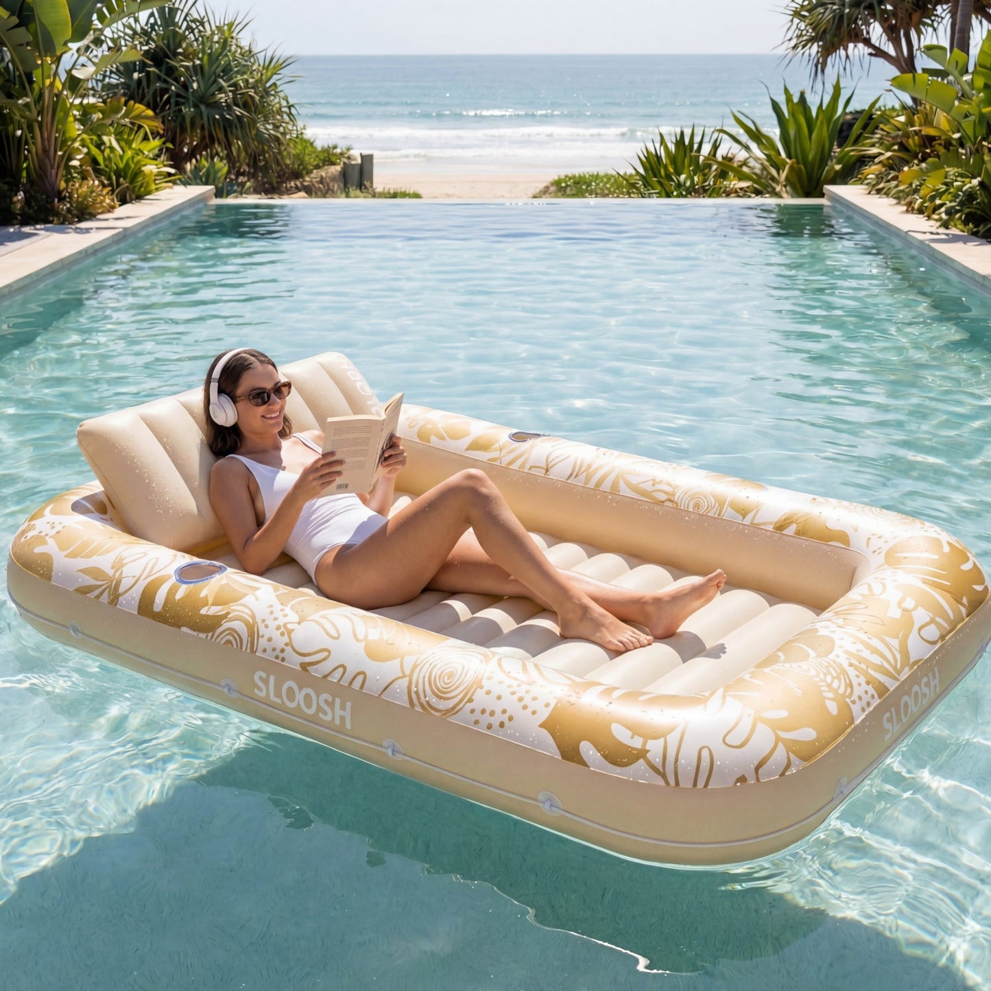 SLOOSH Inflatable Tanning Pool Lounger Float, Pink Tie-dye-Bliss State, 70" x 46"