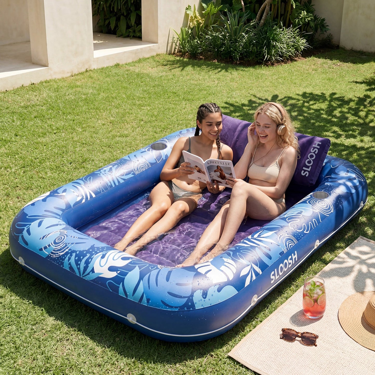 SLOOSH Inflatable Tanning Pool Lounger Float, Blue-XL, 85" x 57"