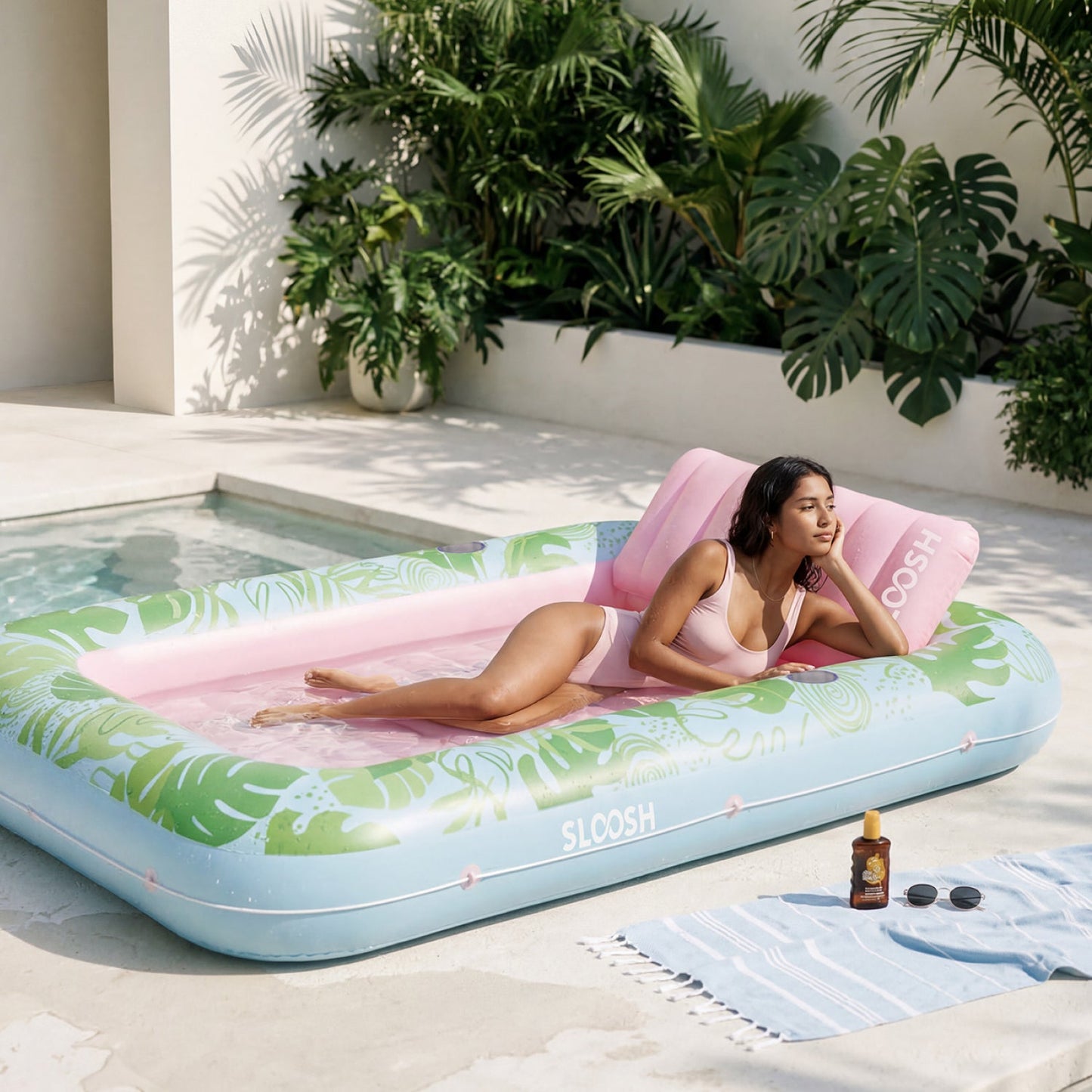 SLOOSH Inflatable Tanning Pool Lounger Float, Blue-XL, 85" x 57"