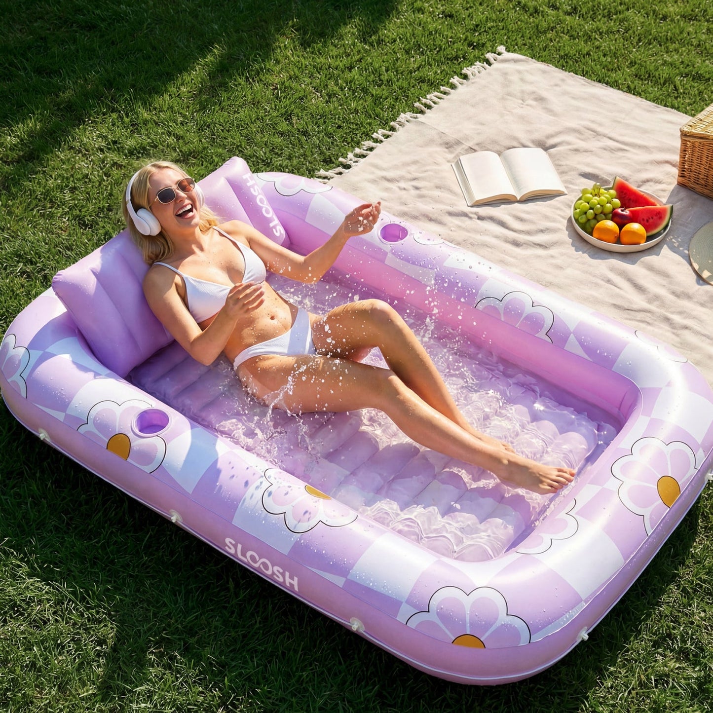 SLOOSH Inflatable Tanning Pool Lounger Float, Pink Tie-dye-Bliss State, 70" x 46"