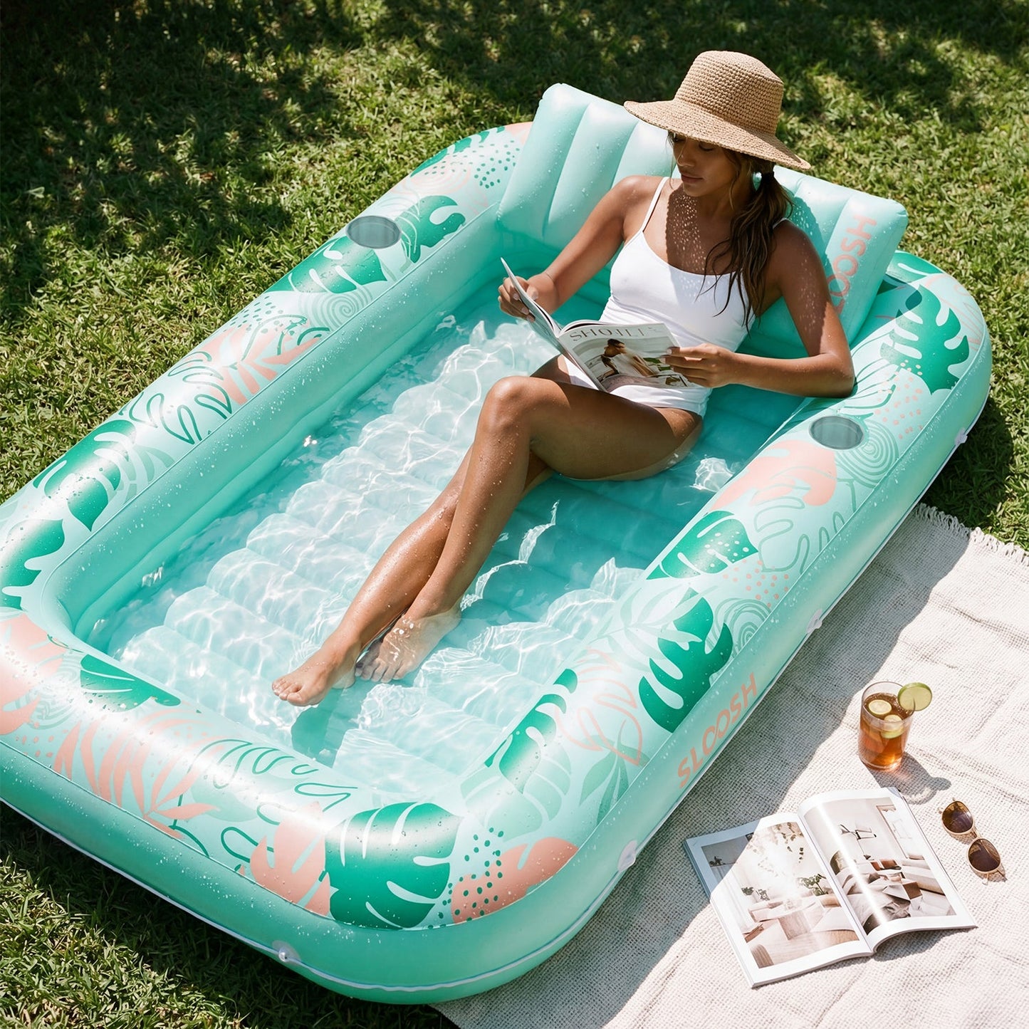 SLOOSH Inflatable Tanning Pool Lounger Float, Cyan Pink L, 70" x 46"