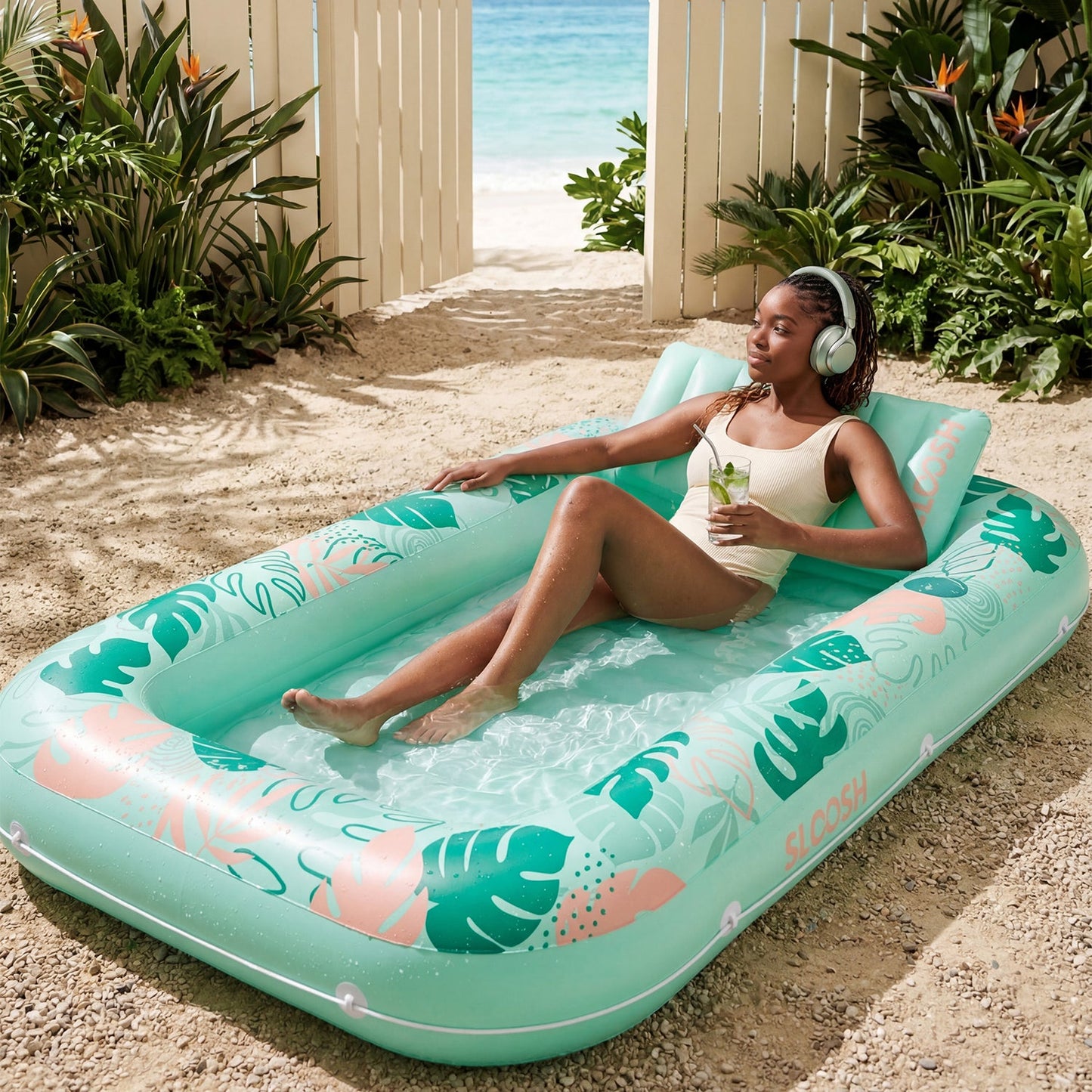 SLOOSH Inflatable Tanning Pool Lounger Float, Cyan Pink L, 70" x 46"