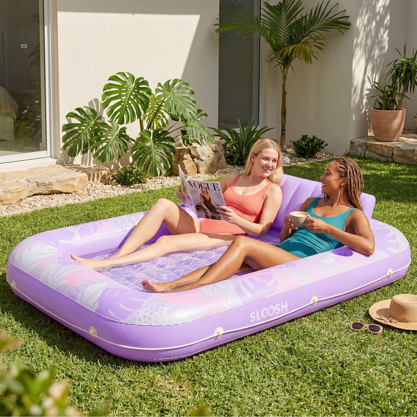 SLOOSH Inflatable Tanning Pool Lounger Float, Cyan Pink XL, 85" x 57"